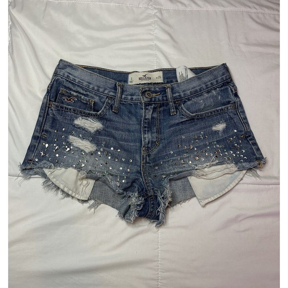Hollister Y2K Denim Mini Jean Booty Shorts Rhinestone Embellished Sz 3 Low Rise